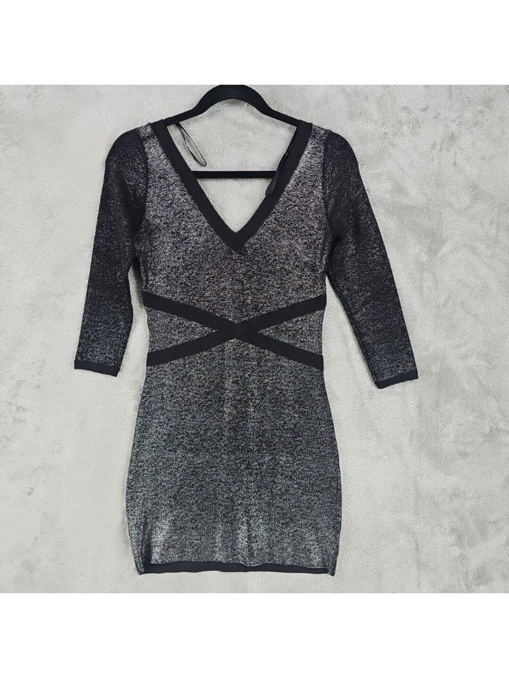 Bebe Dress Womens S Silver Black Metallic V Neck 3/4 Sleeve Bodycon Mini Party